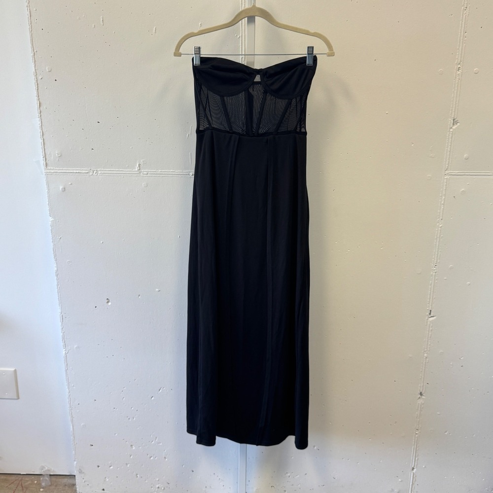 D&M Strapless Sheer Corset Mesh Panel Maxi Dress with Bodysuit Lining Small Blk